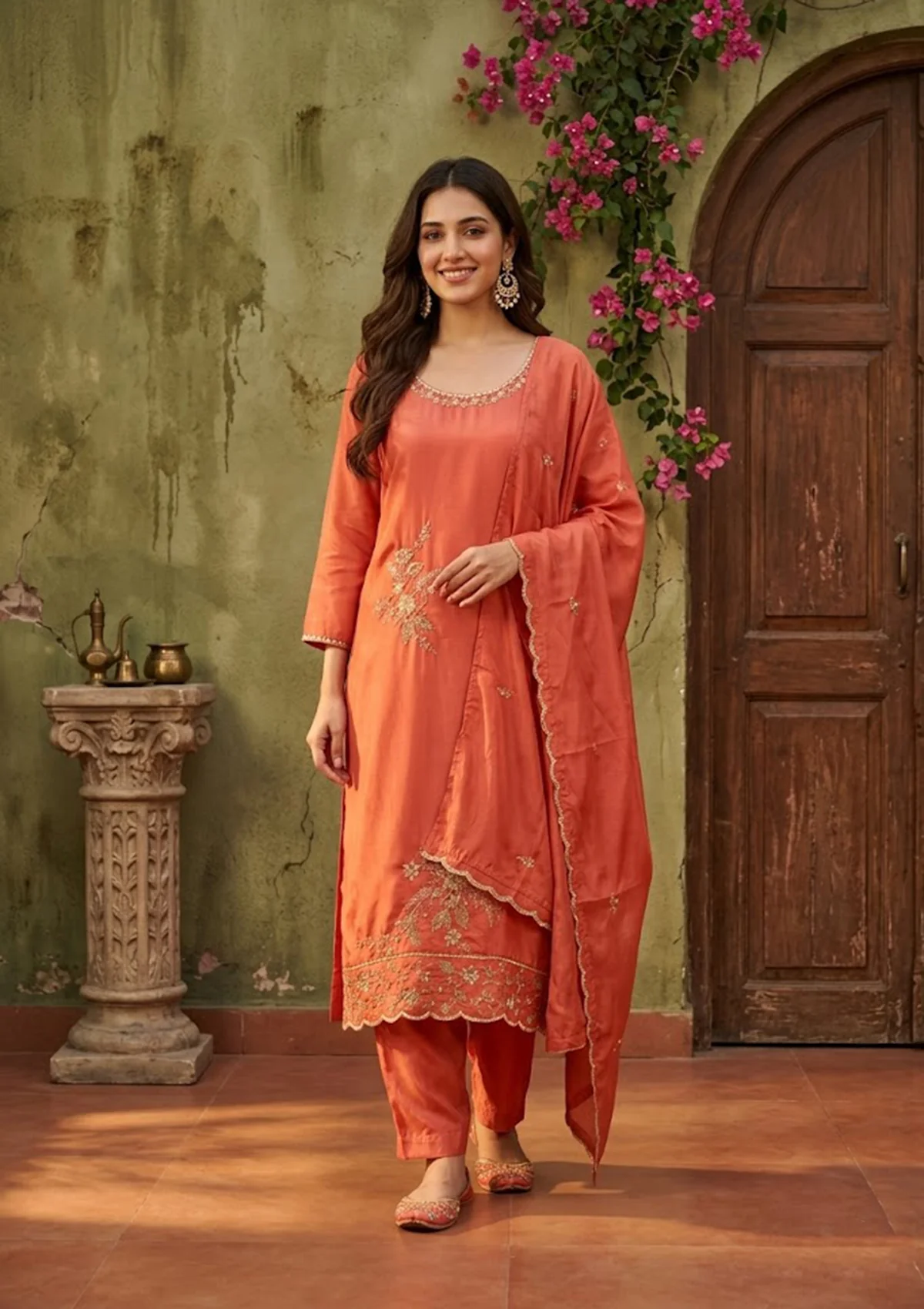 Rust Semi Crepe Threadwork Straight Kurta With Pant Regular And Dupatta